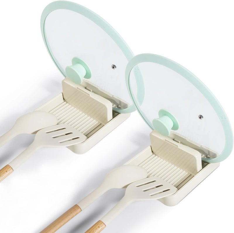 HUMUTA 2 Pack Spoon Rest with Pot Lid Holder For Stove Top, Spoon Holder for Kitchen Counter, Neat & Drip-Free While Cooking, Perfect for Placing spoons, pot lids, Spatulas, Utensils, Ladle, Tongs, Beige - Image 1
